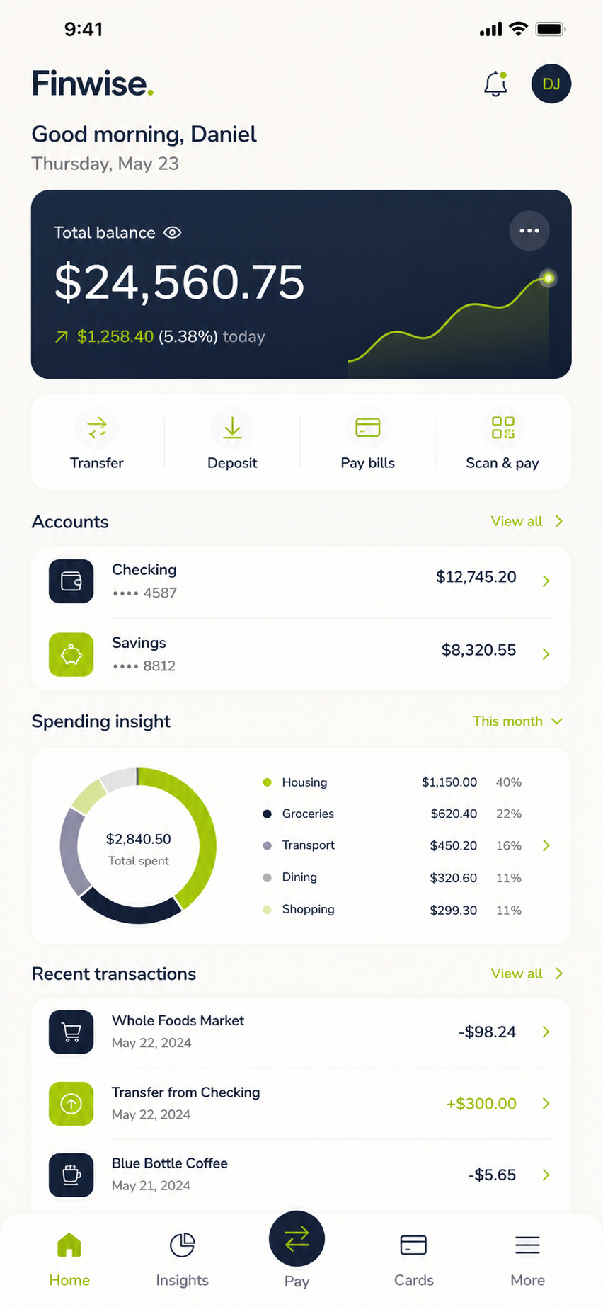 Finwise account dashboard screen