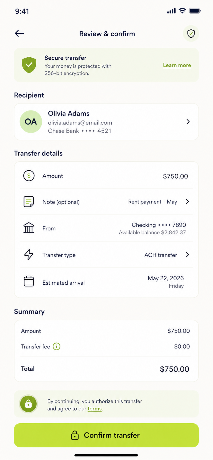 Finwise transfer screen